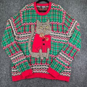 33 Degrees Men XXL Ugly Christmas Sweater Cat Applique Green Red Plaid Cotton